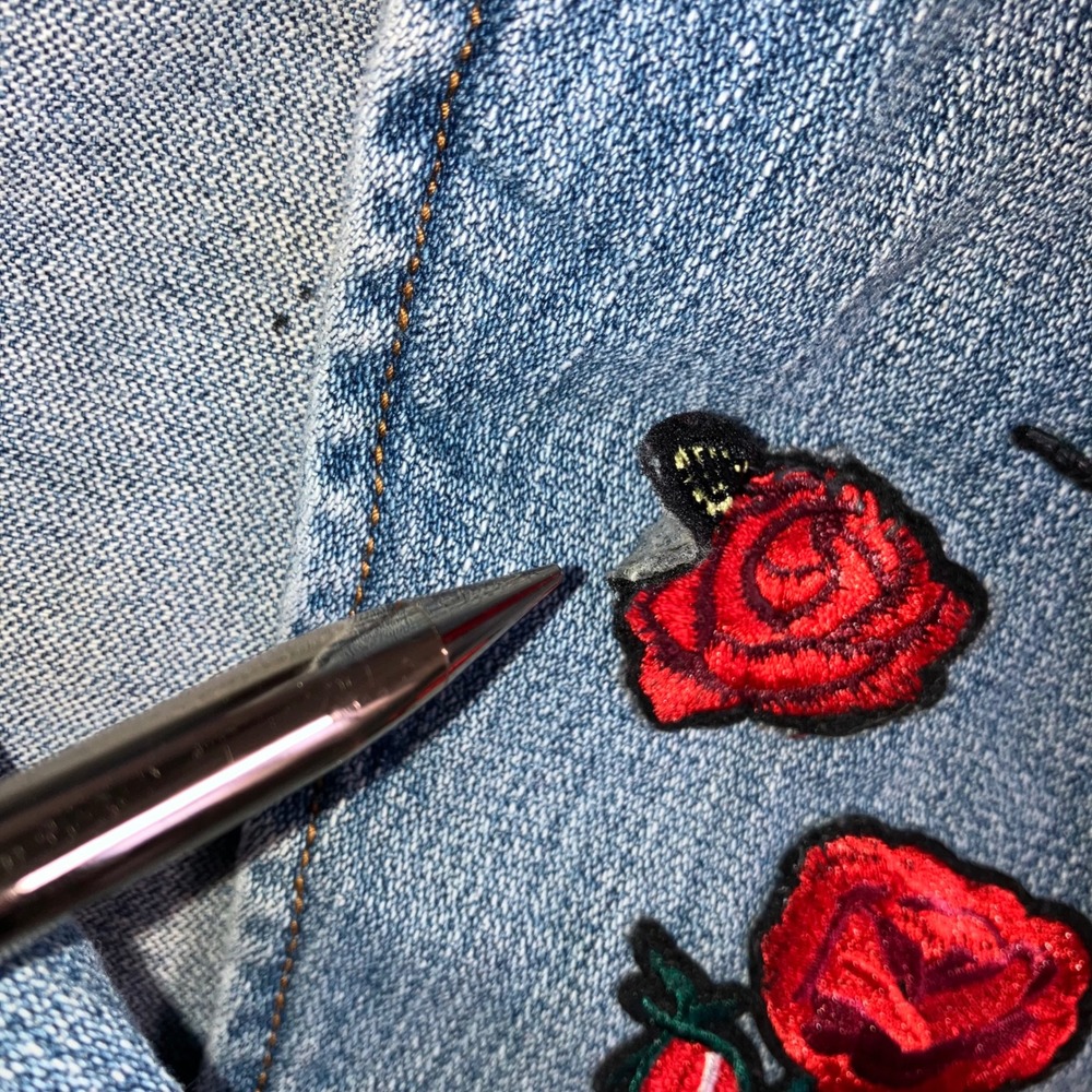Vintage Denim Patch Jacket Women M Rose‎ Embroidered Patch Blue Jean Y2K 2000s - Picture 6 of 13